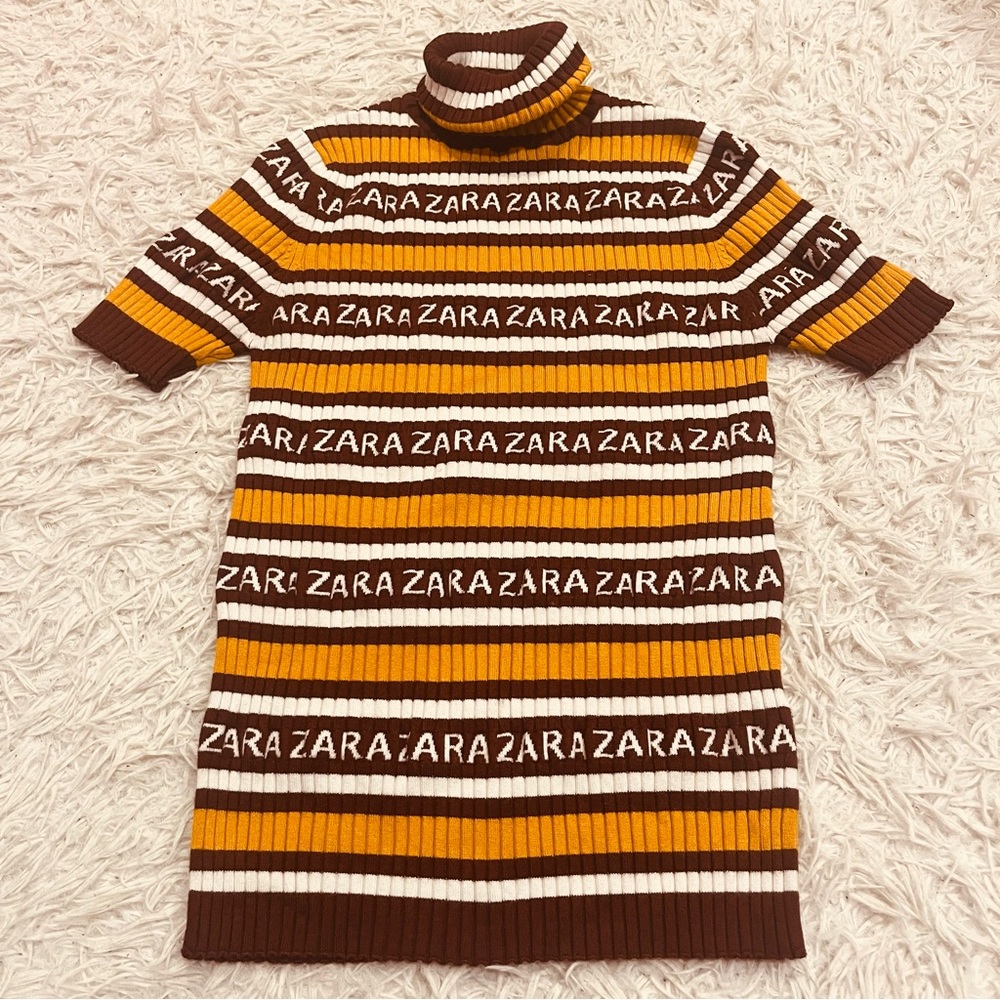 Zara Spell Out Logo Ribbed Turtleneck Short Sleeves Sweater Size M